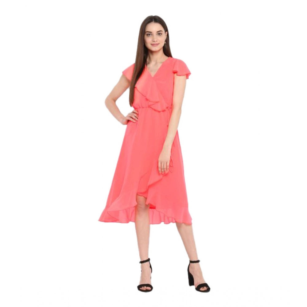 HD Women's Polyester Ruffled Cap Sleeve Below Knee Dress (Coral Pink)