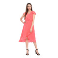 HD Women's Polyester Ruffled Cap Sleeve Below Knee Dress (Coral Pink)