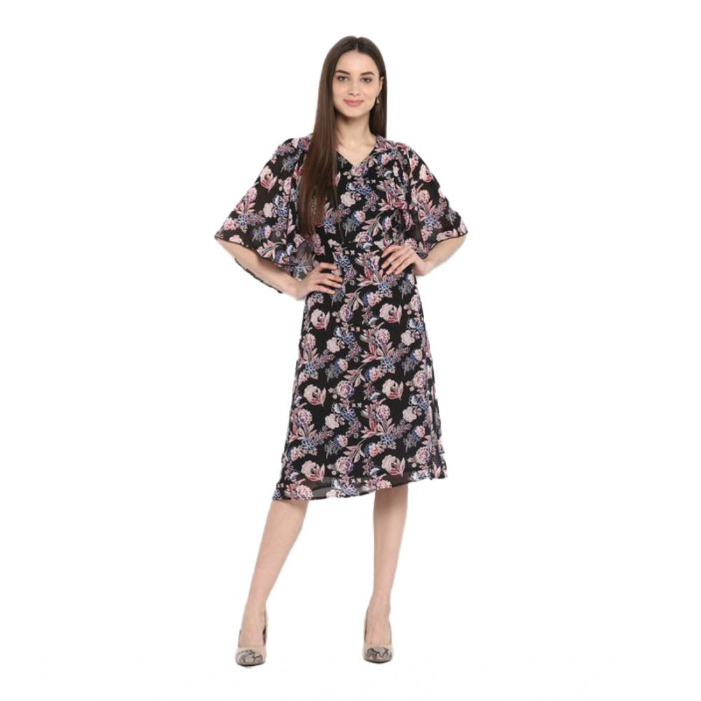 HD Women's Polyester Floral Short Sleeve Knee-Length Dress (Black - Multicolor)