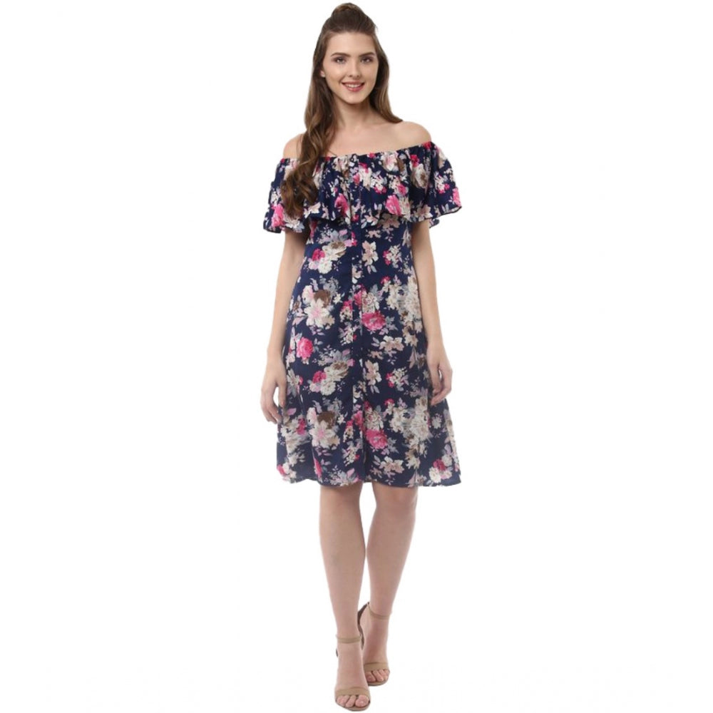 HD Women's Polyester Crepe Floral Half Sleeve Above Knee Dress (Navy Blue)