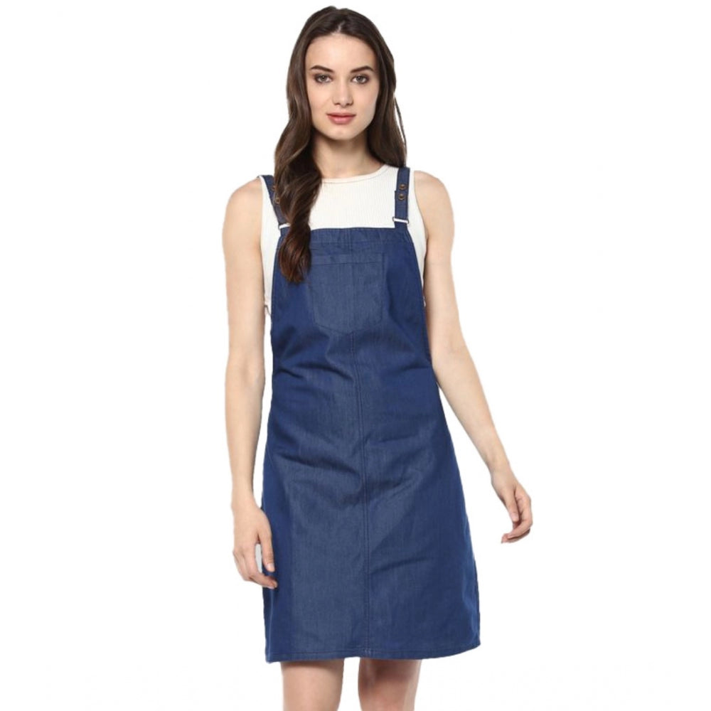 HD Women's Denim Solid Shoulder Straps Above Knee Dress (Blue)
