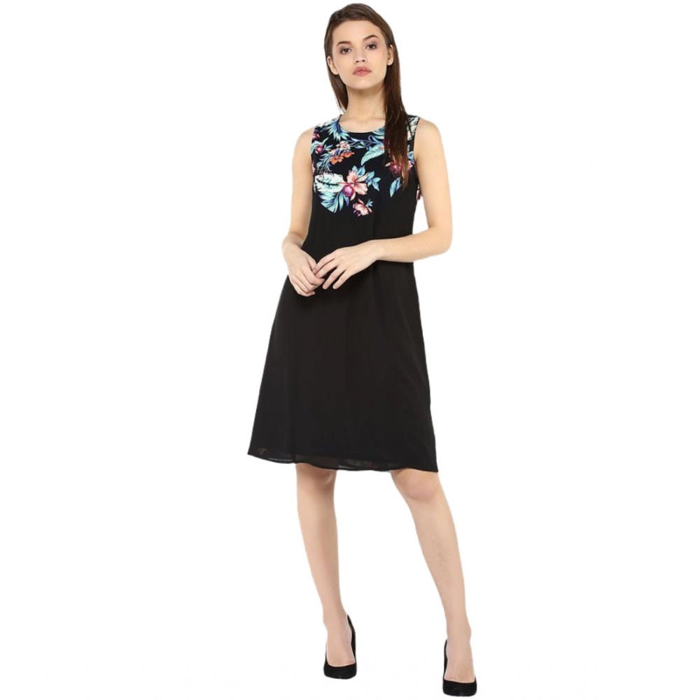 HD Women's Polyester Printed Sleeveless Above Knee Dress (Black - Multicolor)