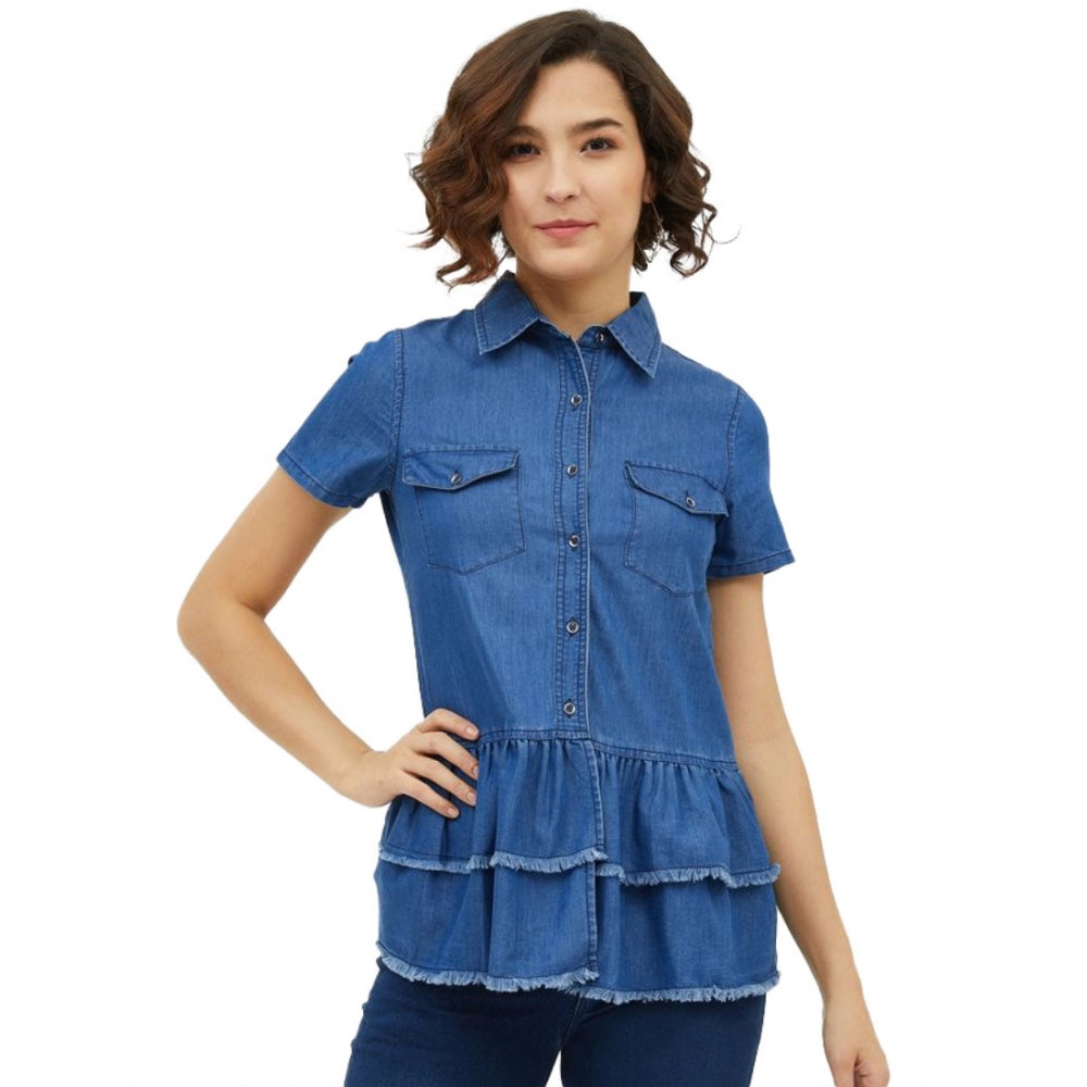 HD Women's Denim Peplum Short Sleeve Top (Blue)