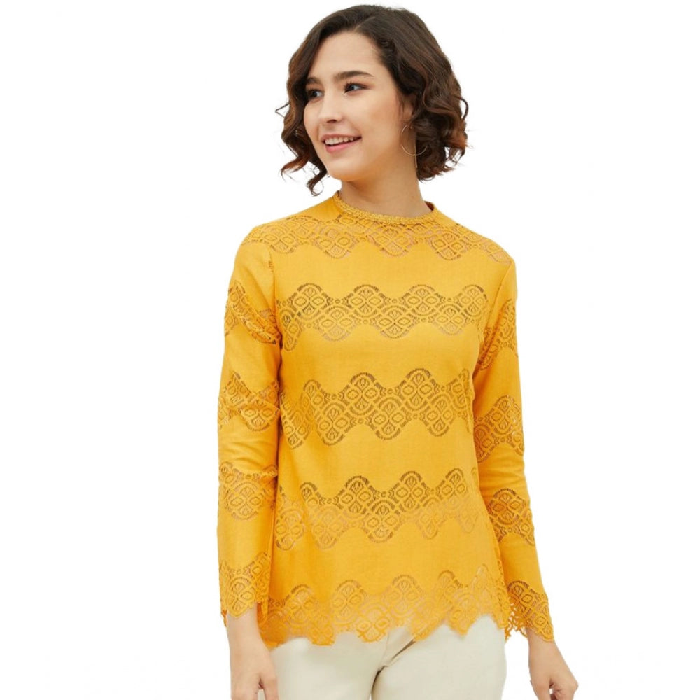 HD Women's Cotton Lace Inserts Long Sleeves Top (Yellow)
