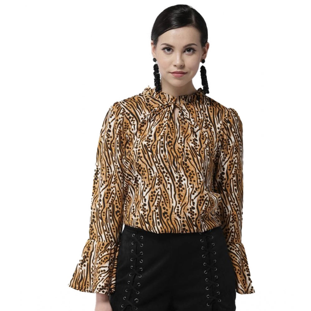 HD Women's Polyester Printed Bell Sleeve Top (Orange - Black)