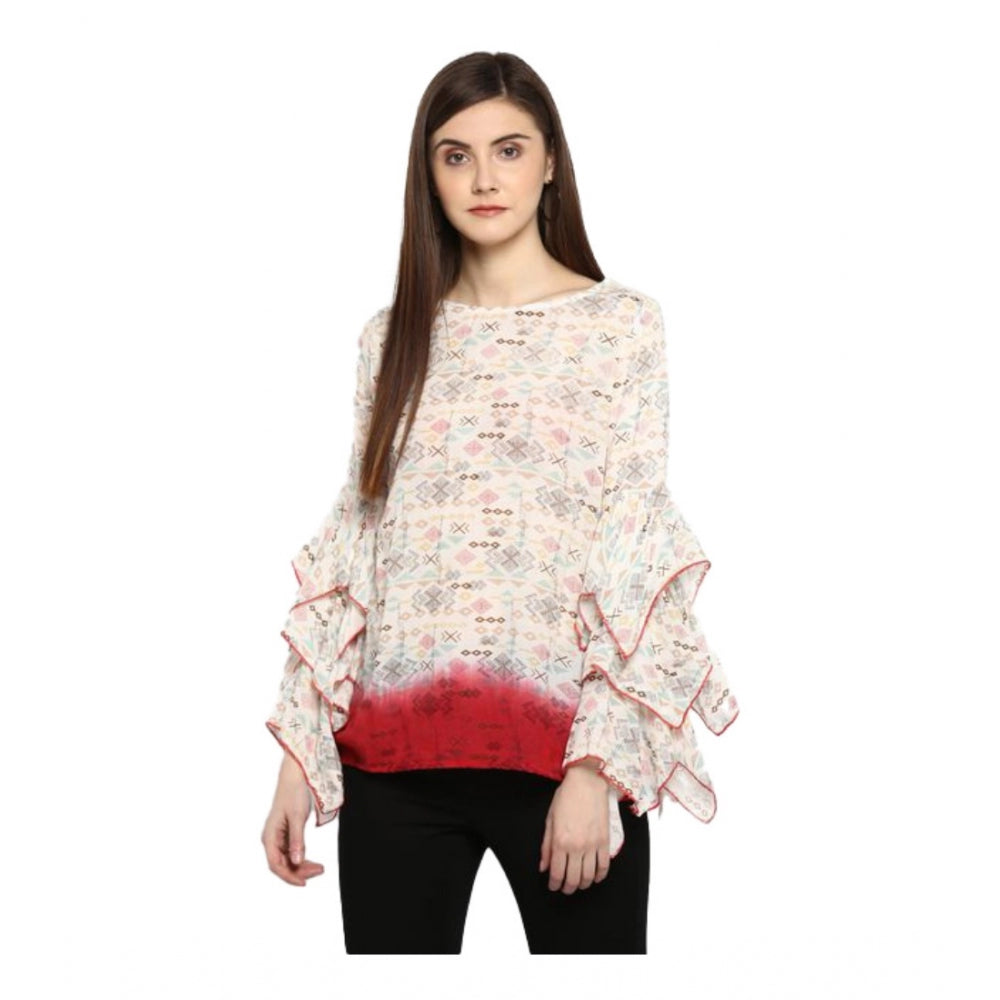 HD Women's Rayon Crepe Printed Ruffle Sleeve Top (Off White - Red)