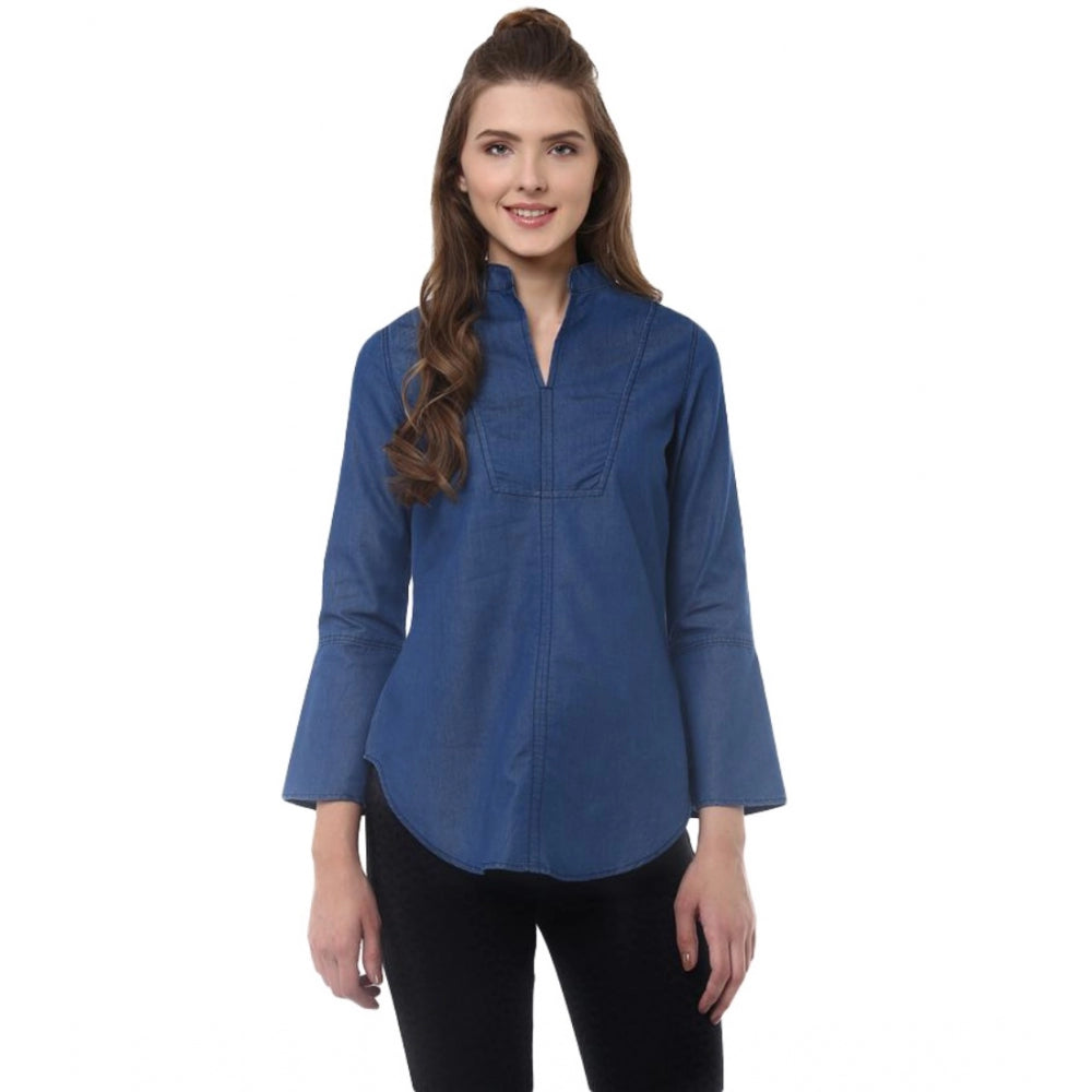 HD Women's Denim Solid Bell Sleeve Regular Top (Blue Denim)