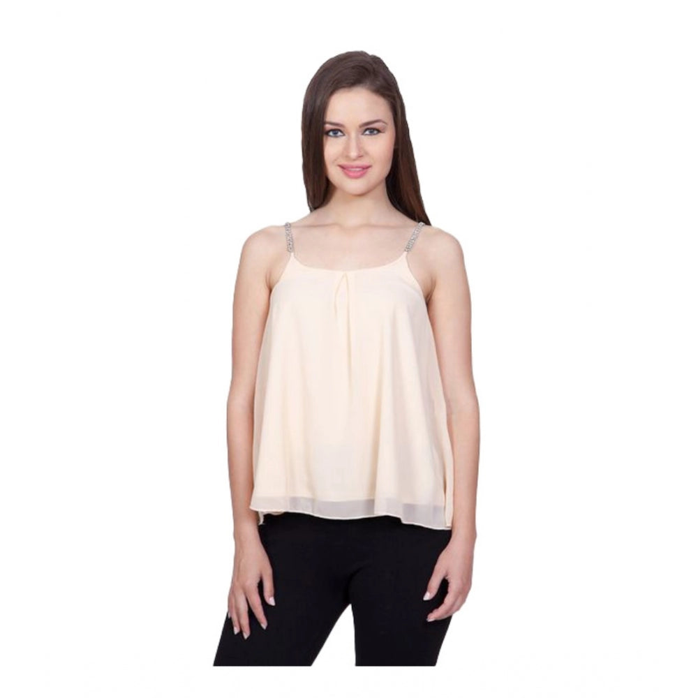 HD Women's Polyester Solid Shoulder Straps Regular Top (Beige)