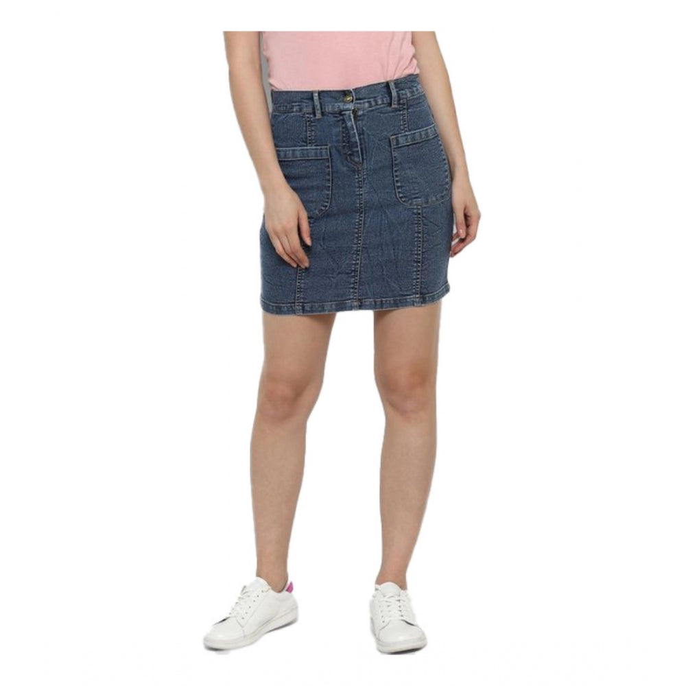 HD Women's Denim Front Pocket Buttoned Skirt (Blue)