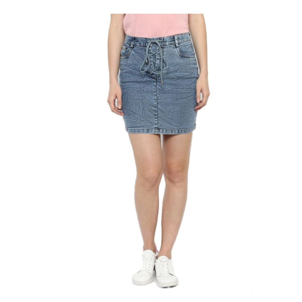 HD Women's Denim Draw String Buttoned Skirt (Blue)