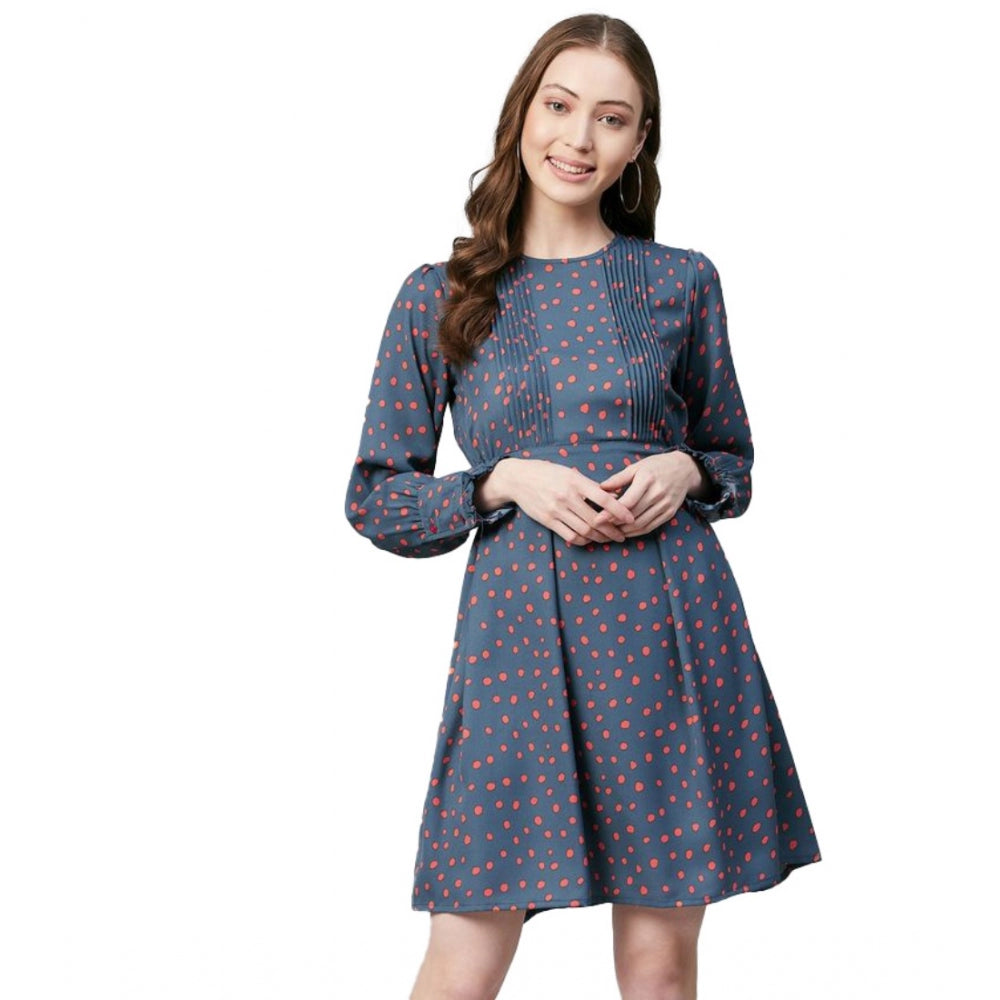 HD Women's Polyester Polka Long Sleeves Above Knee Dress (Grey - Coral)