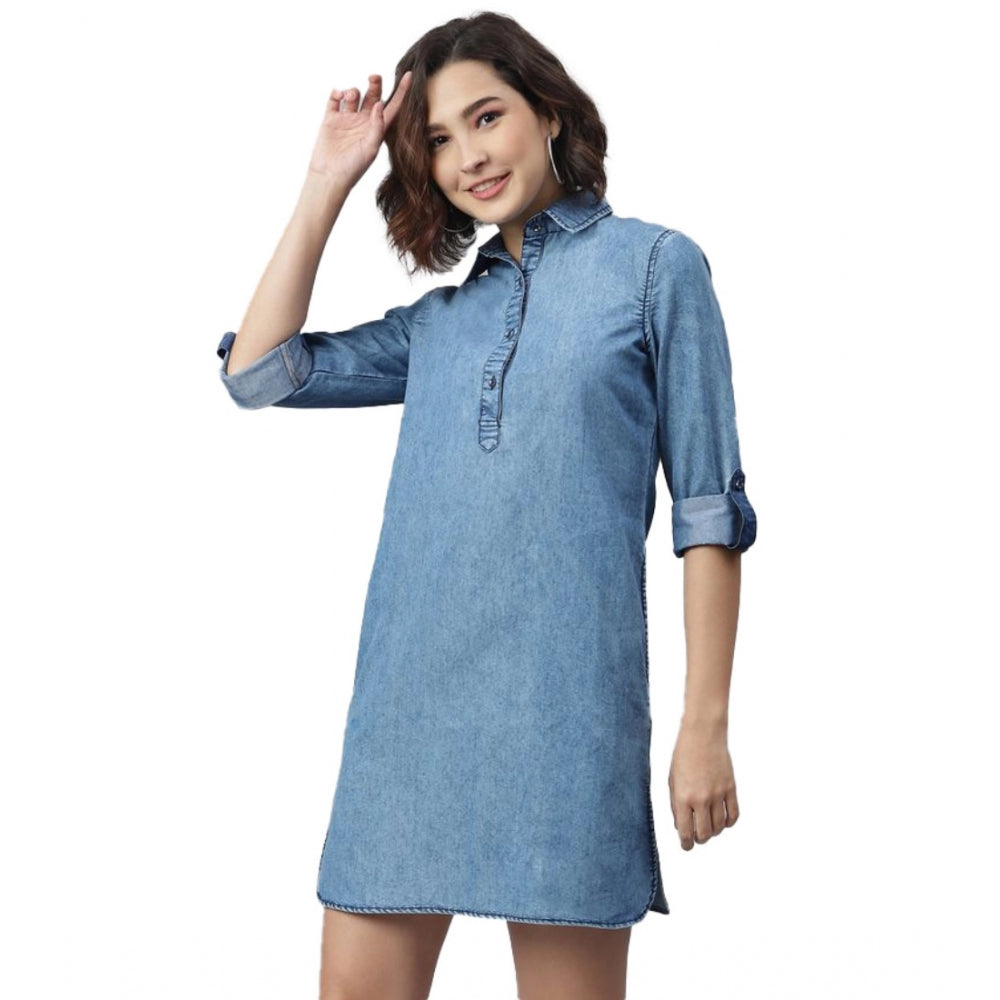 HD Women's Denim Solid Long Sleeves Above Knee Dress (Ice Blue)