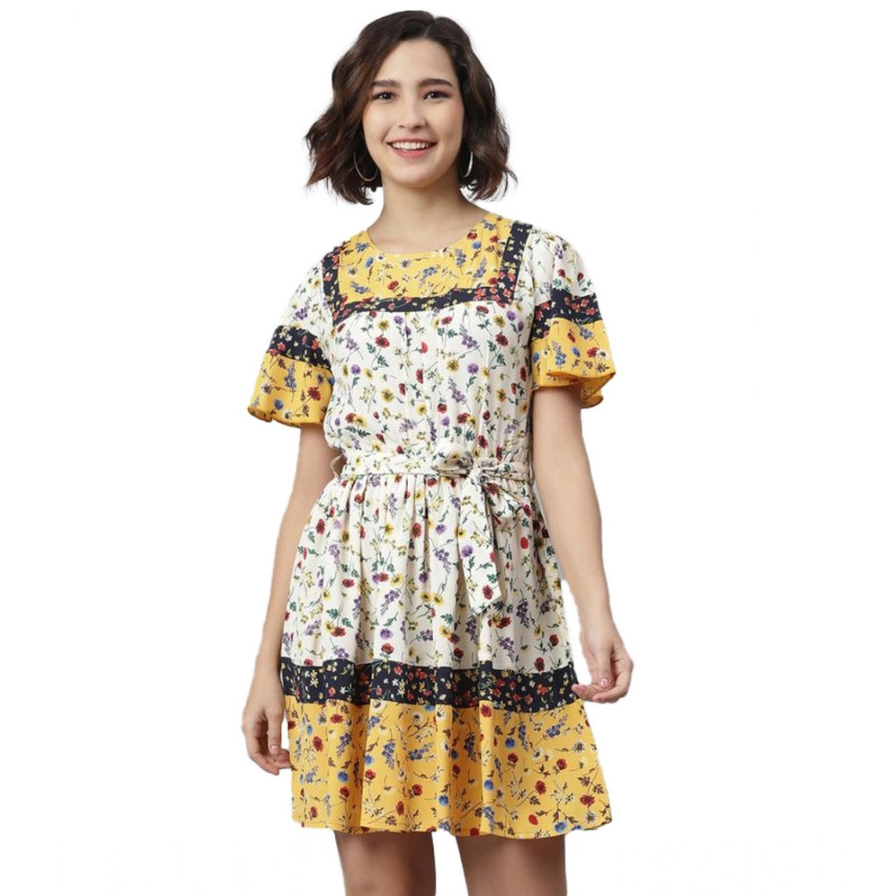 HD Women's Polyester Floral Flutter Above Knee Dress (Multicolor)