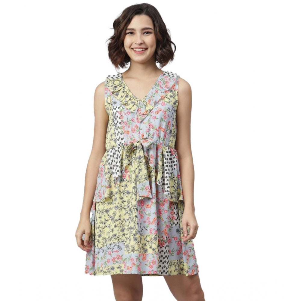 HD Women's Polyester Peplum Sleeveless Above Knee Dress (Multicolor)