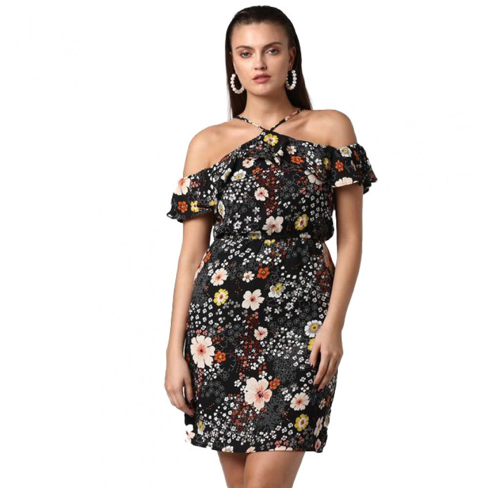 HD Women's Polyester Floral Cold Shoulder Above Knee Dress (Black)