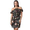 HD Women's Polyester Floral Cold Shoulder Above Knee Dress (Black)