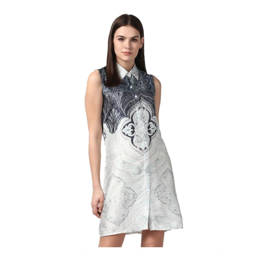 HD Women's Polyester Printed Sleeveless Above Knee Dress (Blue)