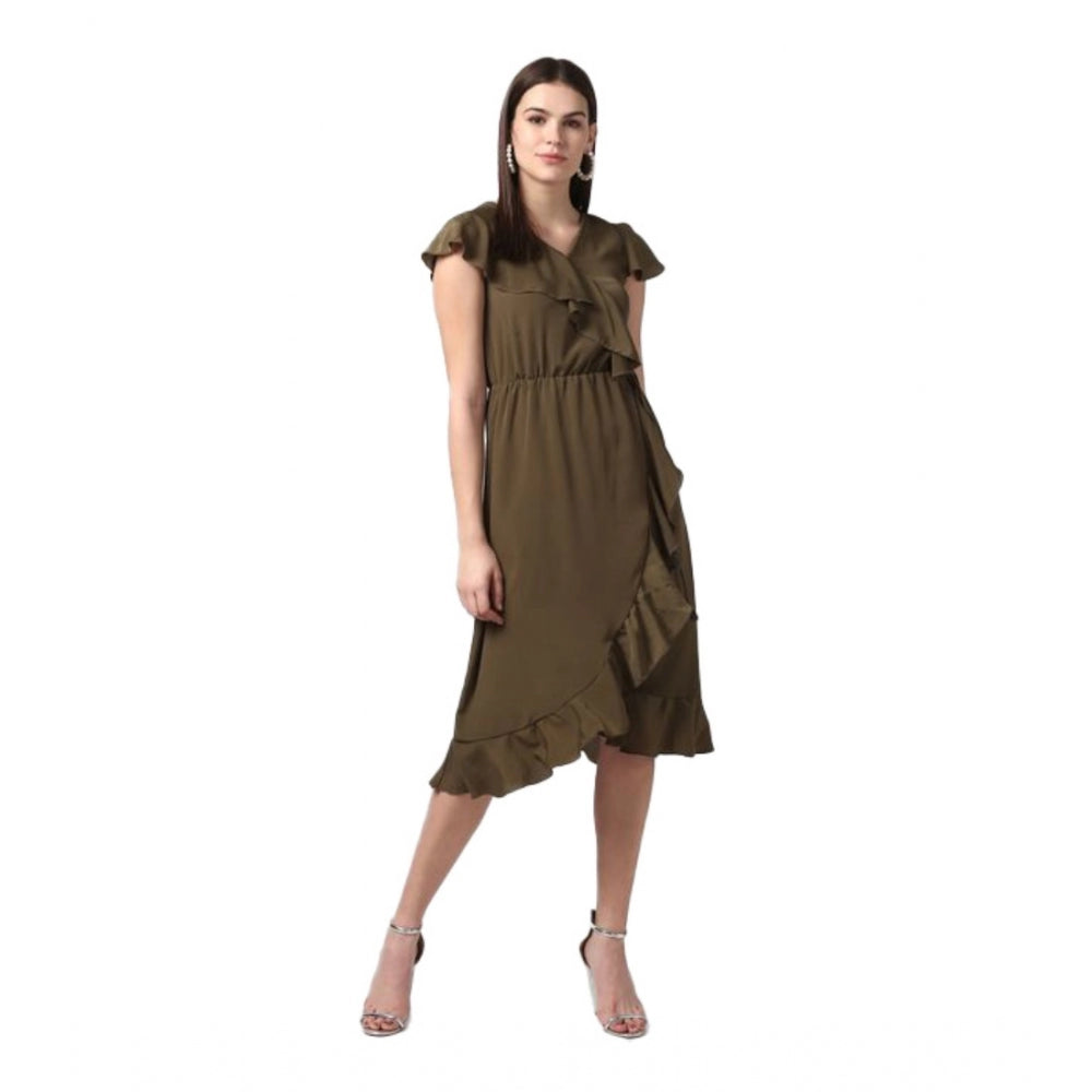 HD Women's Polyester Ruffled Cap Sleeve Knee-Length Dress (Olive)