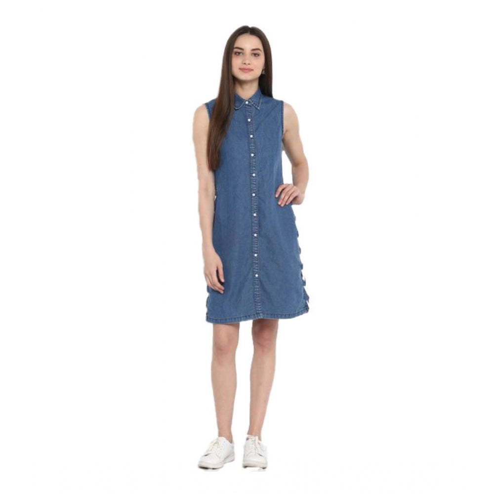 HD Women's Denim Solid Sleeveless Above Knee Dress (Blue)