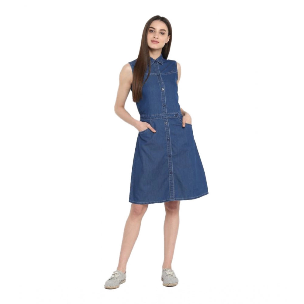 HD Women's Denim Solid Sleeveless Above Knee Dress (Blue)