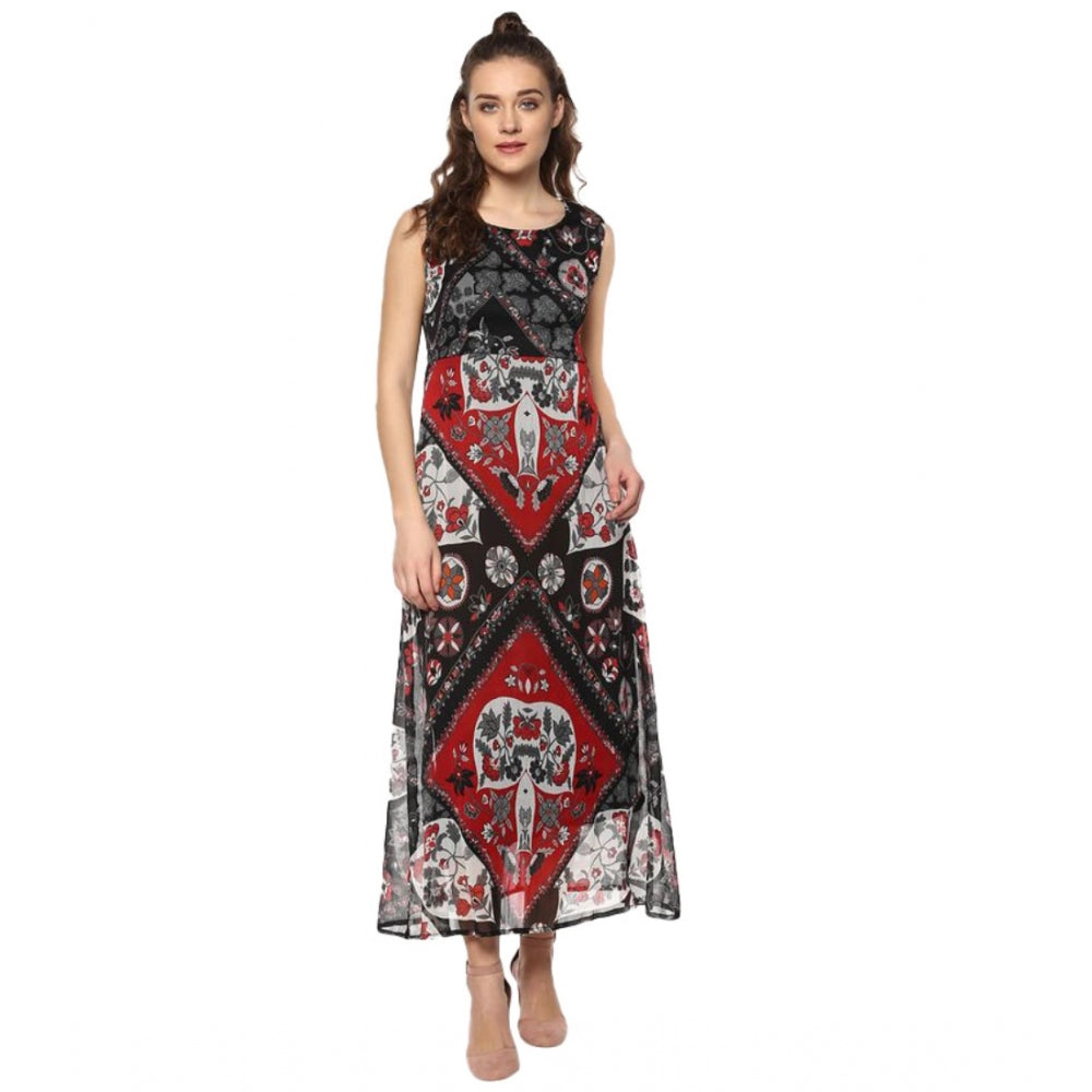 HD Women's Polyester Printed Sleeveless Dress (Red - Black)