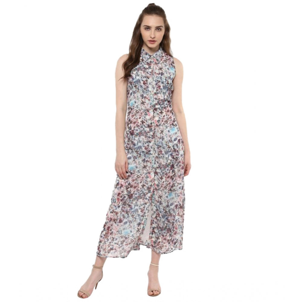 HD Women's Polyester Chiffon Printed Sleeveless Dress (Multicolor)