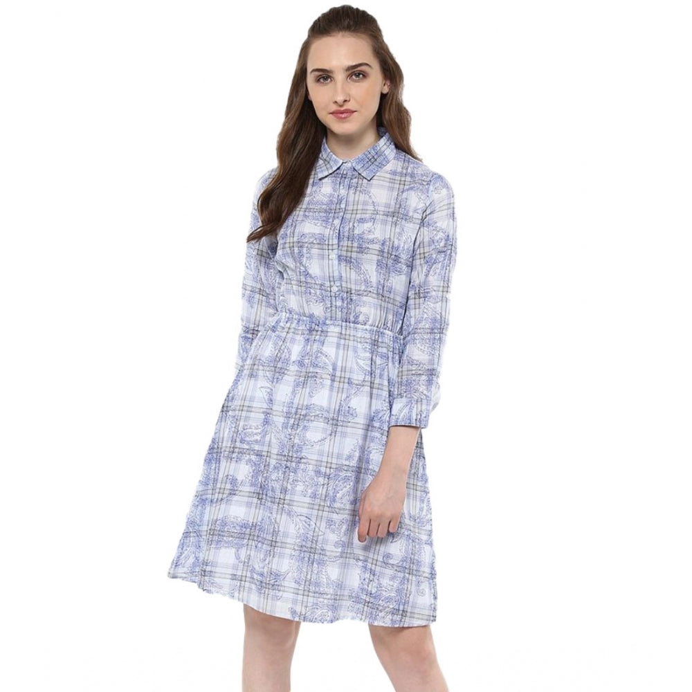 HD Women's Cotton Checkered Roll Up Sleeve Above Knee Dress (Blue)