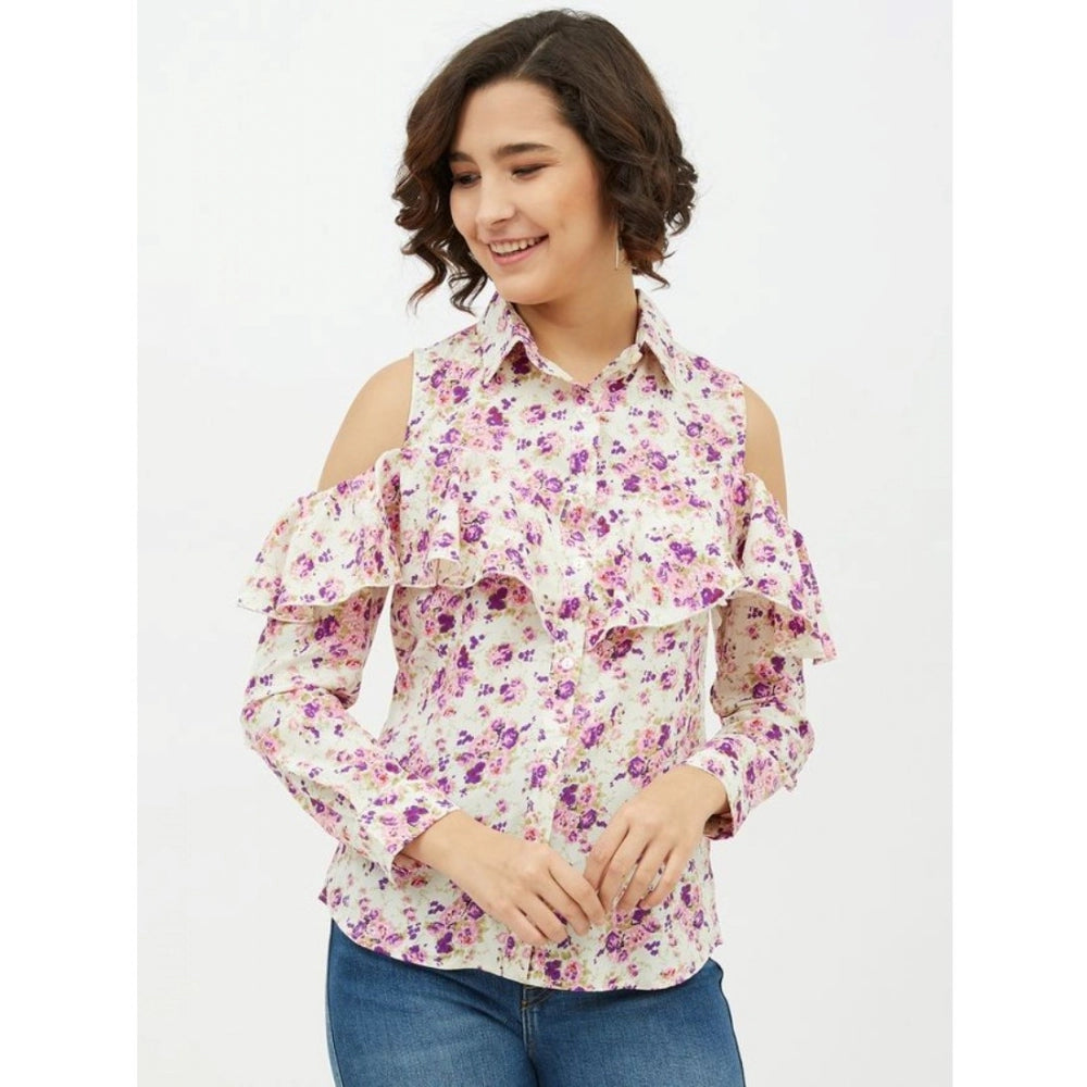 HD Women's Polyester Floral Cold Shoulder Standard Length Shirt (White)