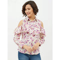 HD Women's Polyester Floral Cold Shoulder Standard Length Shirt (White)