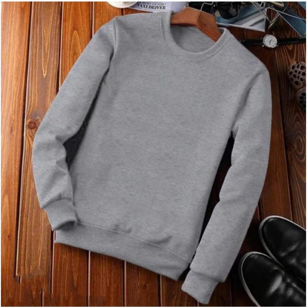 HamariDookan Men's Casual Fleece Solid Round Neck Long Sleeves Sweatshirt (Grey)
