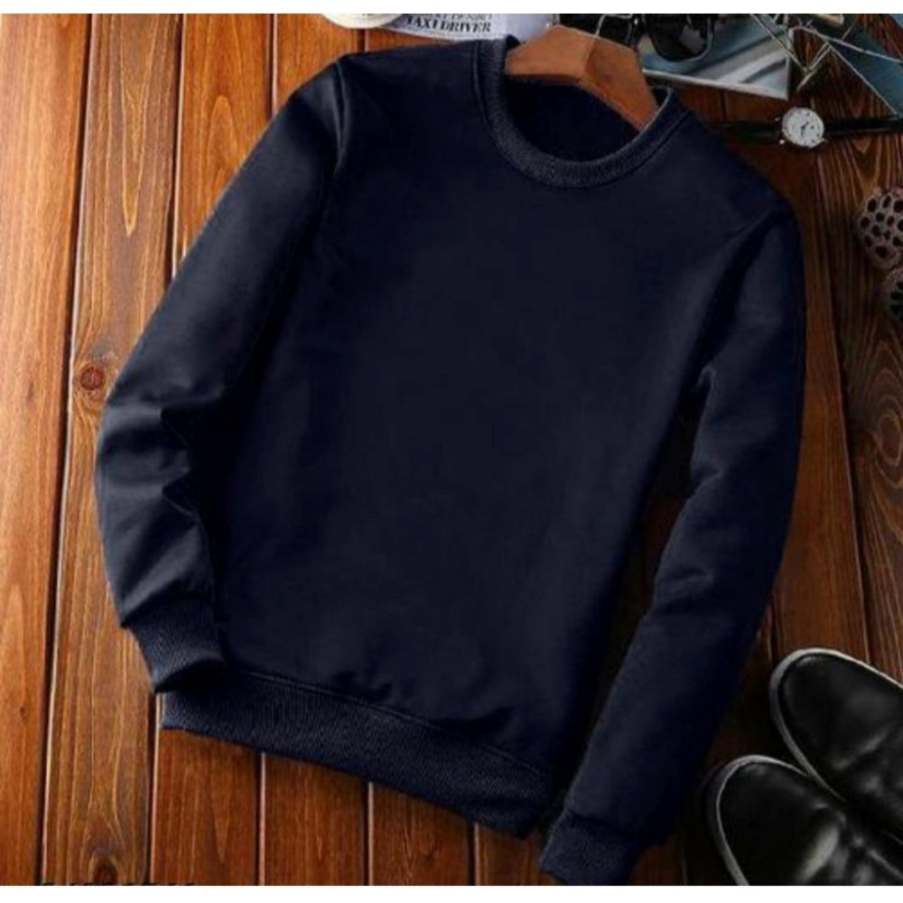 HamariDookan Men's Casual Fleece Solid Round Neck Long Sleeves Sweatshirt (Navy Blue)