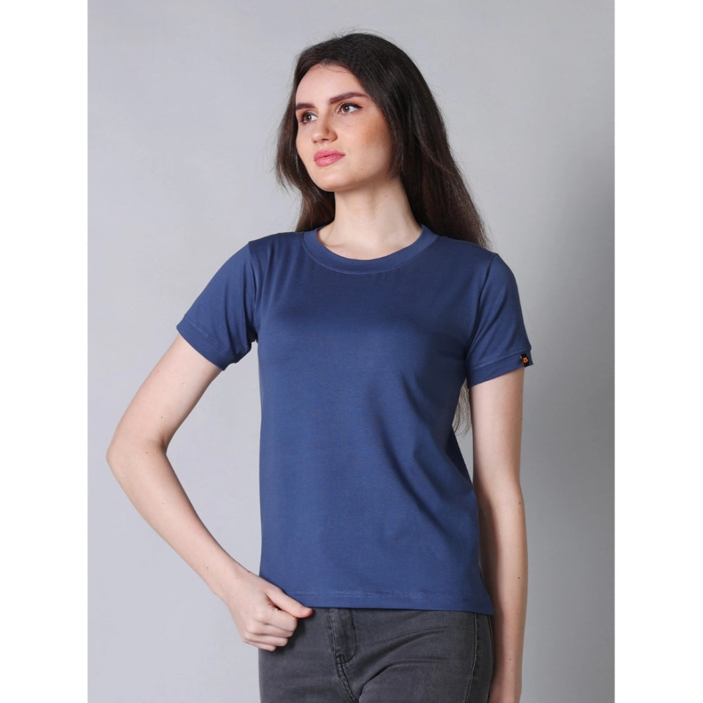 Women's Cotton Blended Solid Round Neck Half Sleeve T-Shirt (Blue)