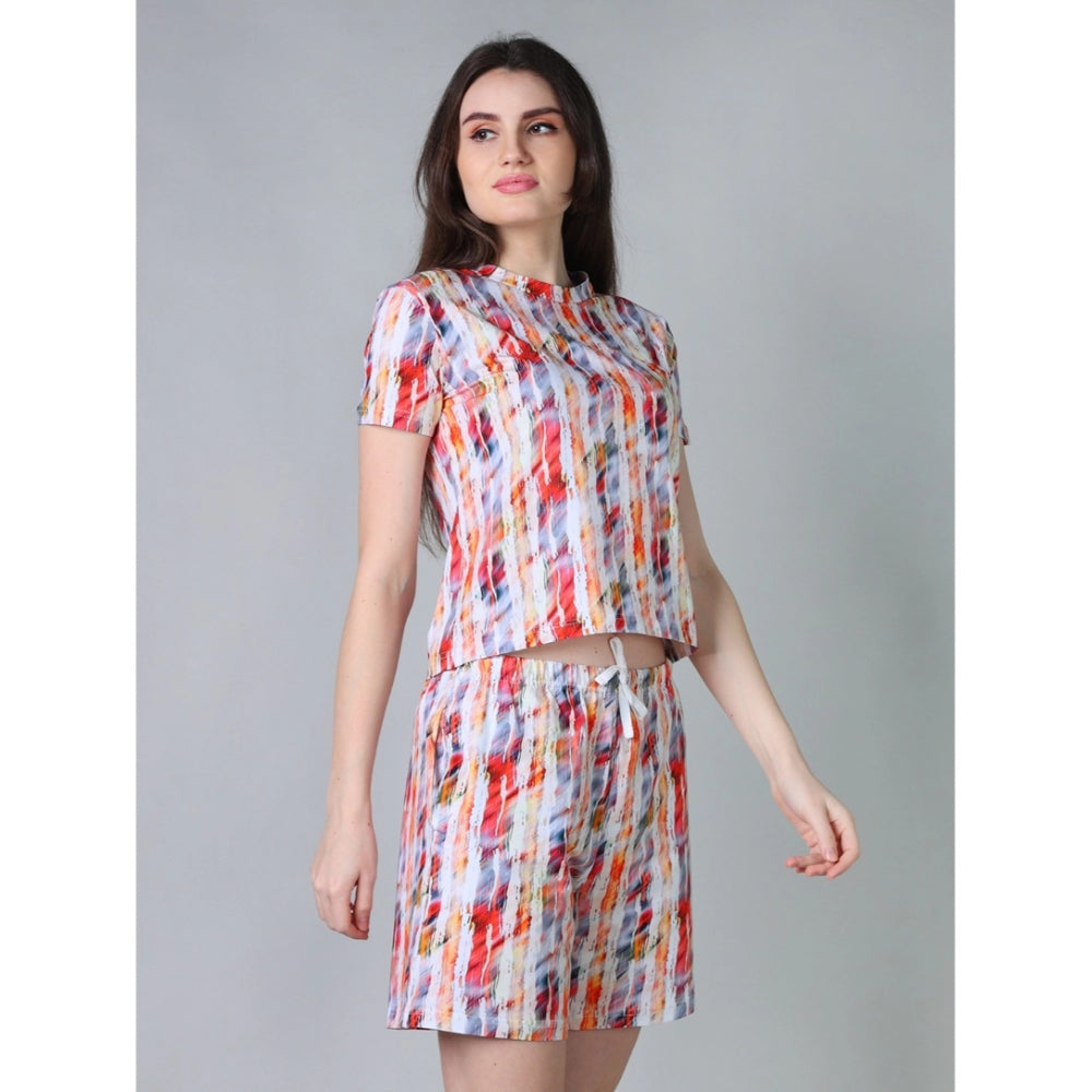 HD Women's Cotton Blended Printed Round Neck Half Sleeve Top - Shorts Set (Red)