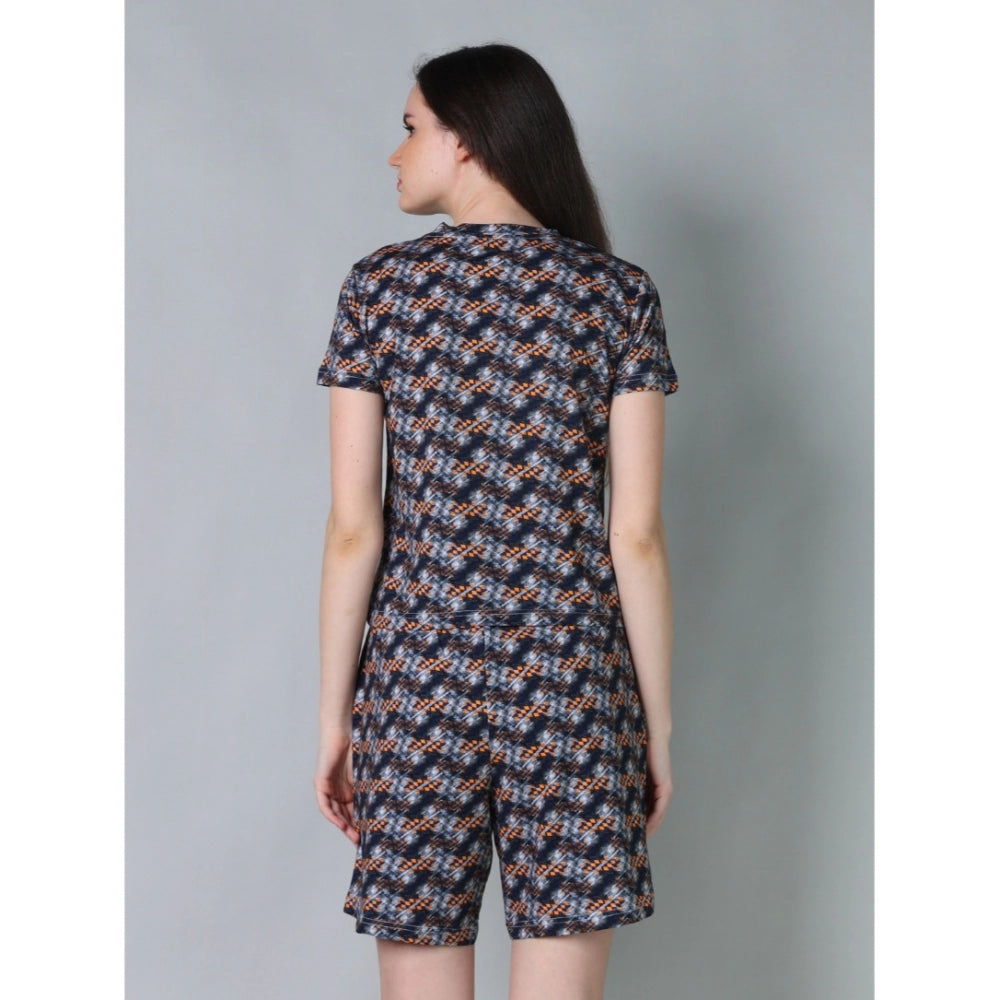 HD Women's Cotton Blended Printed Round Neck Half Sleeve Top - Shorts Set (Blue-Brown)