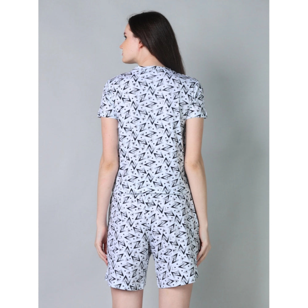 HD Women's Cotton Blended Printed Round Neck Half Sleeve Top - Shorts Set (White-Black)