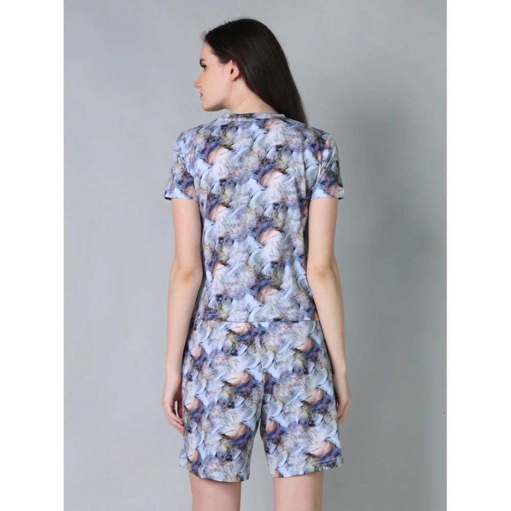 HD Women's Cotton Blended Printed Round Neck Half Sleeve Top - Shorts Set (Blue-Peach)