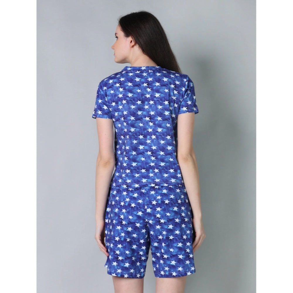 HD Women's Cotton Blended Printed Round Neck Half Sleeve Top - Shorts Set (Blue)