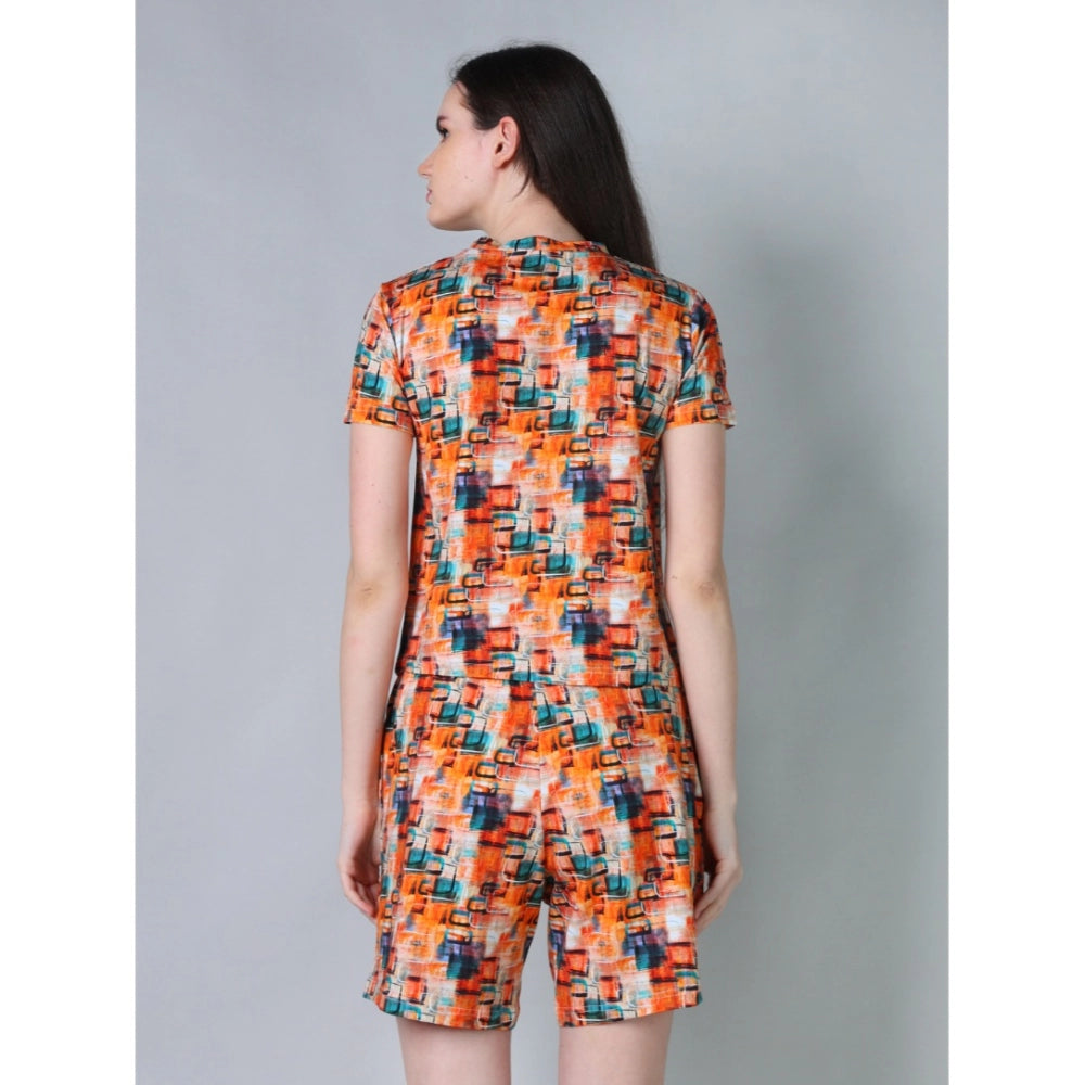 HD Women's Cotton Blended Printed Round Neck Half Sleeve Top - Shorts Set (Orange)