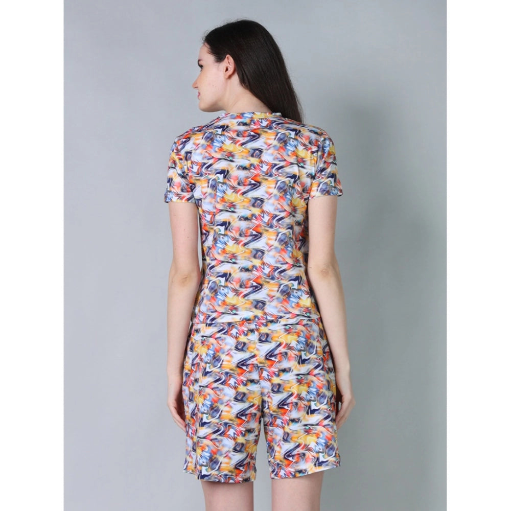 HD Women's Cotton Blended Printed Round Neck Half Sleeve Top - Shorts Set (Multicolor)