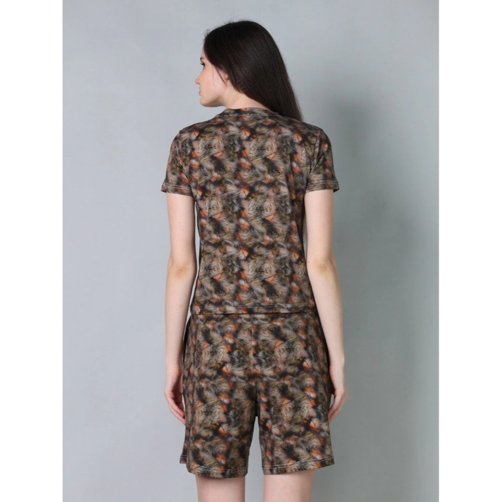 HD Women's Cotton Blended Printed Round Neck Half Sleeve Top - Shorts Set (Brown)