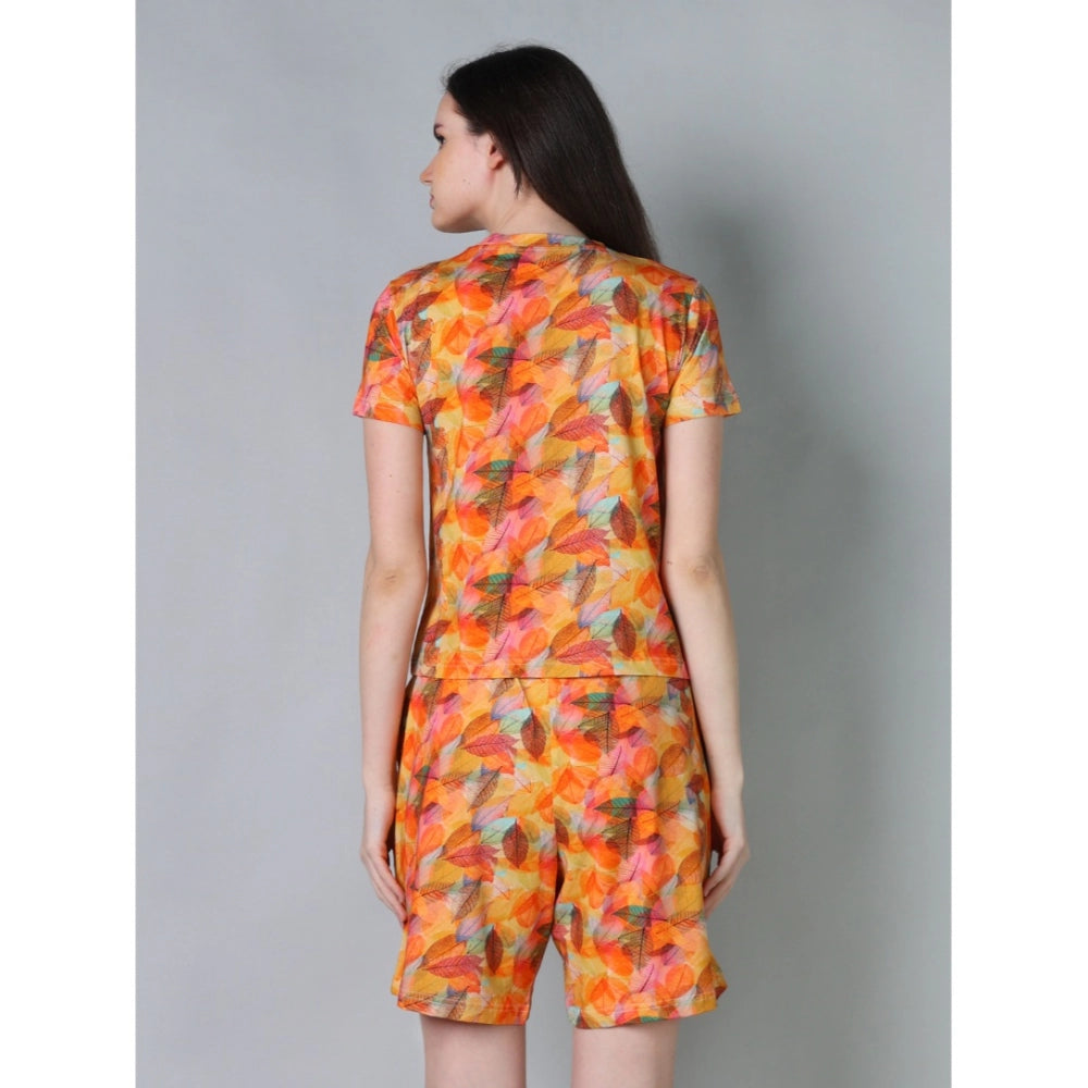 HD Women's Cotton Blended Printed Round Neck Half Sleeve Top - Shorts Set (Yellow)