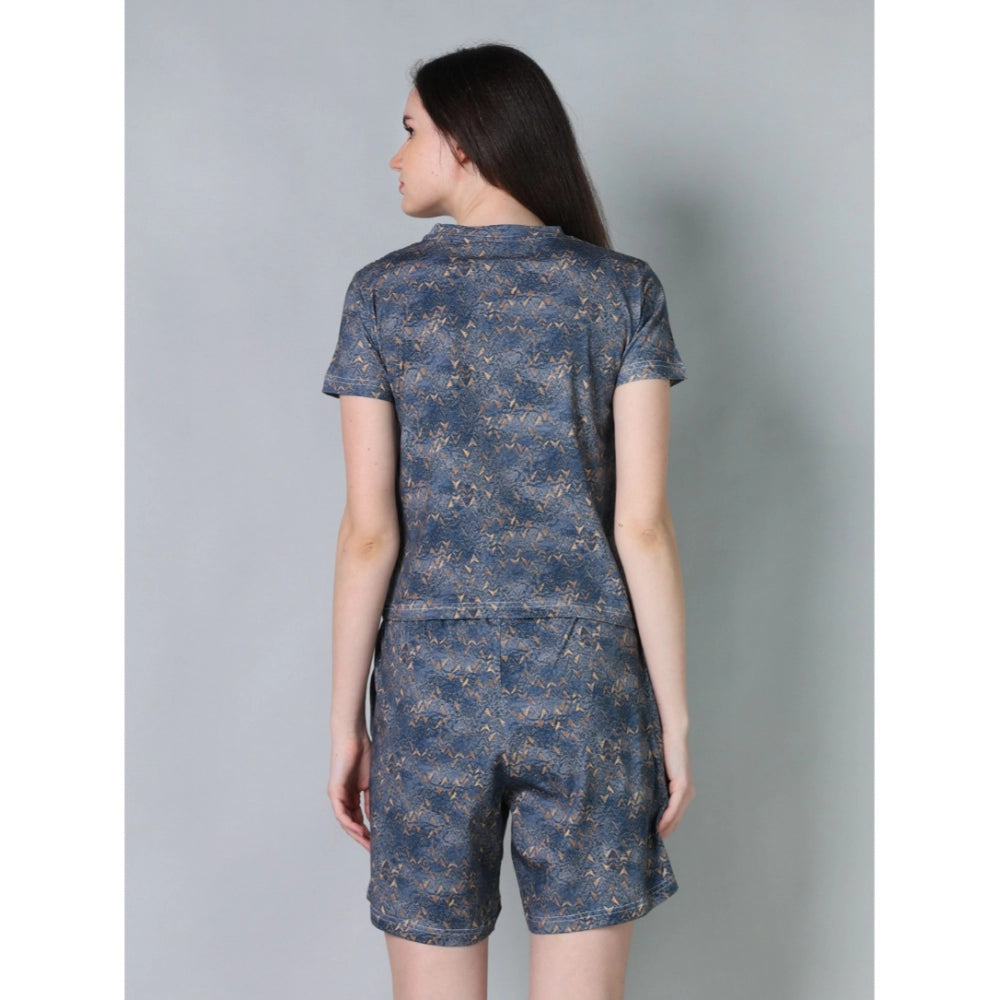 HD Women's Cotton Blended Printed Round Neck Half Sleeve Top - Shorts Set (Blue)