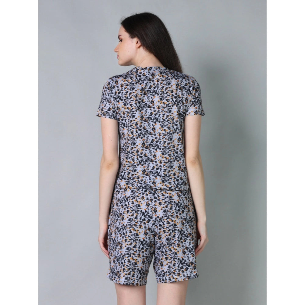 HD Women's Cotton Blended Printed Round Neck Half Sleeve Top - Shorts Set (Multicolor)