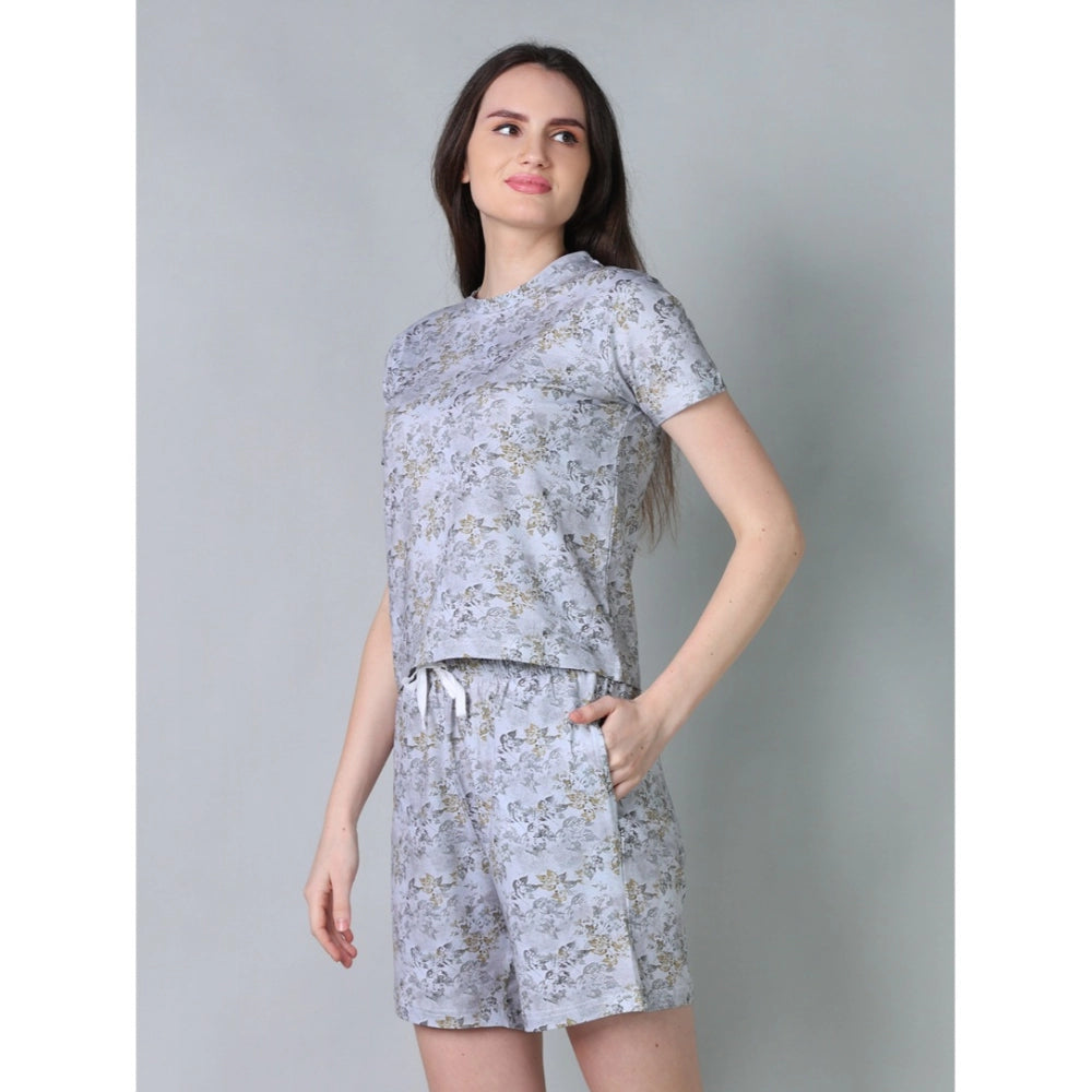 HD Women's Cotton Blended Printed Round Neck Half Sleeve Top - Shorts Set (Grey)