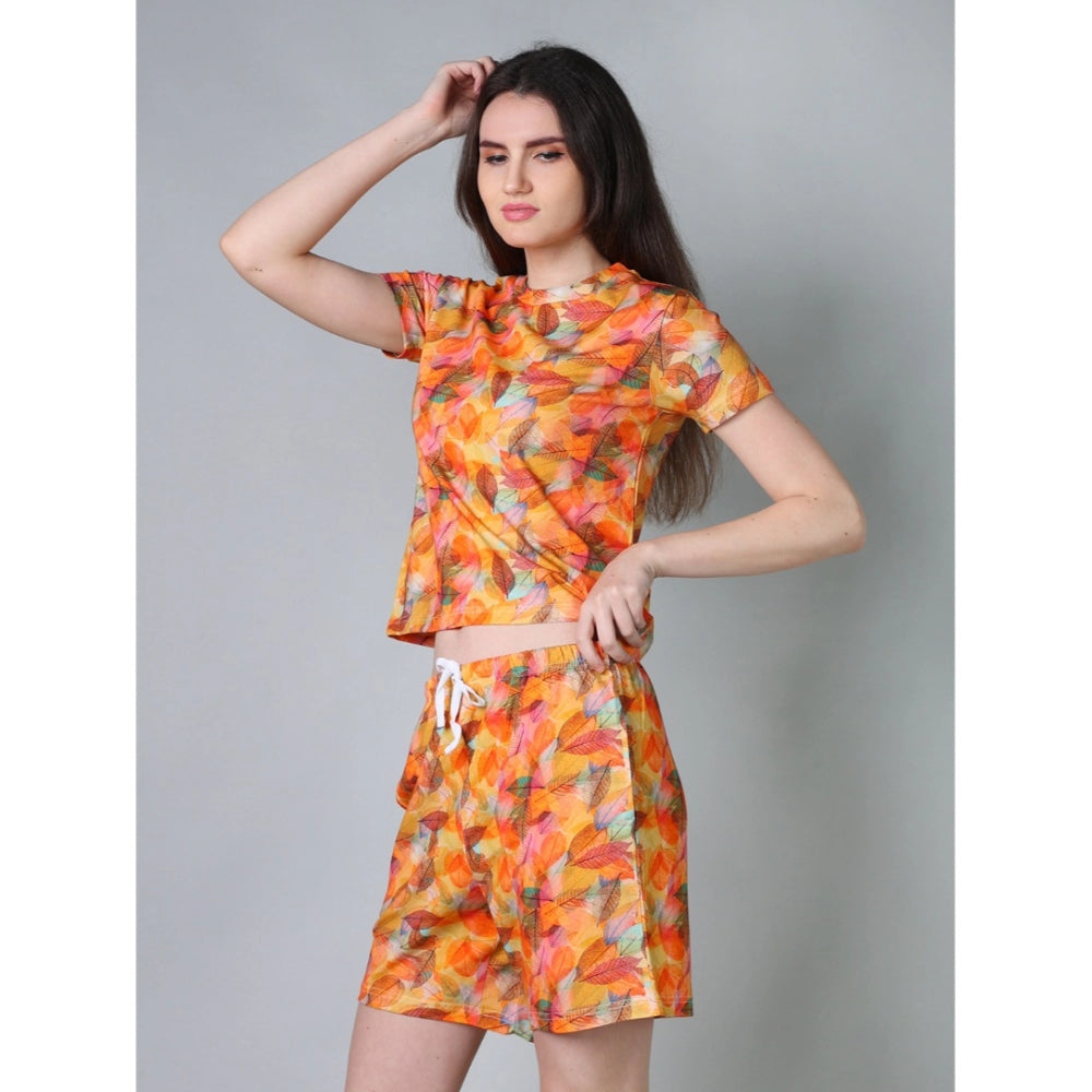 HD Women's Cotton Blended Printed Round Neck Half Sleeve Top - Shorts Set (Yellow)