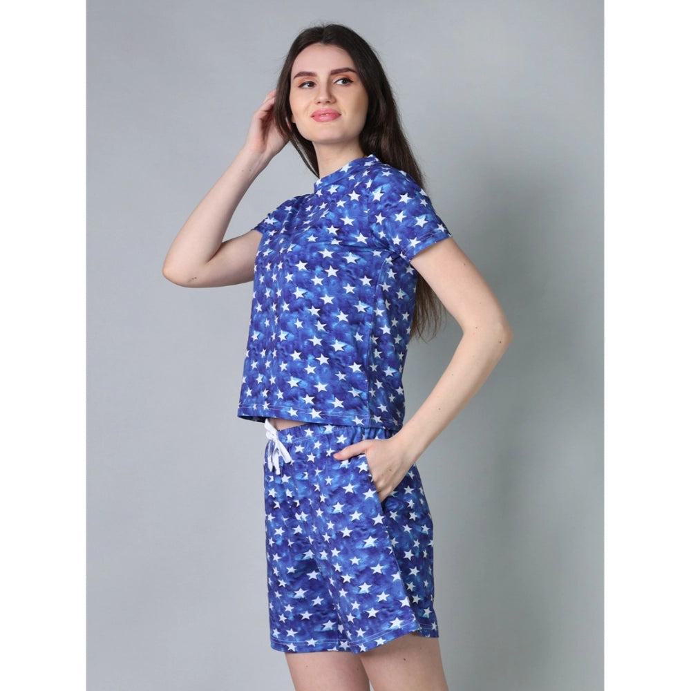 HD Women's Cotton Blended Printed Round Neck Half Sleeve Top - Shorts Set (Blue)