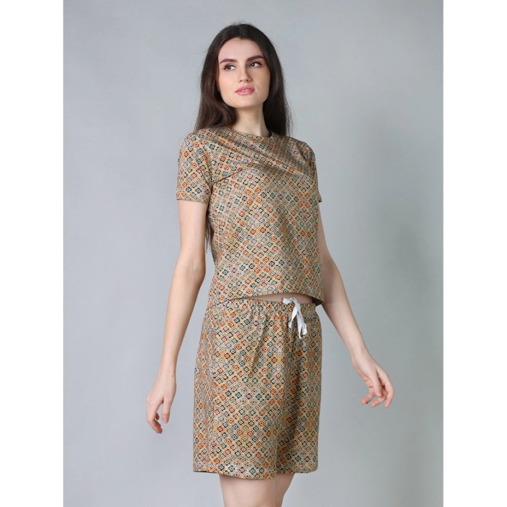 HD Women's Cotton Blended Printed Round Neck Half Sleeve Top - Shorts Set (Beige)