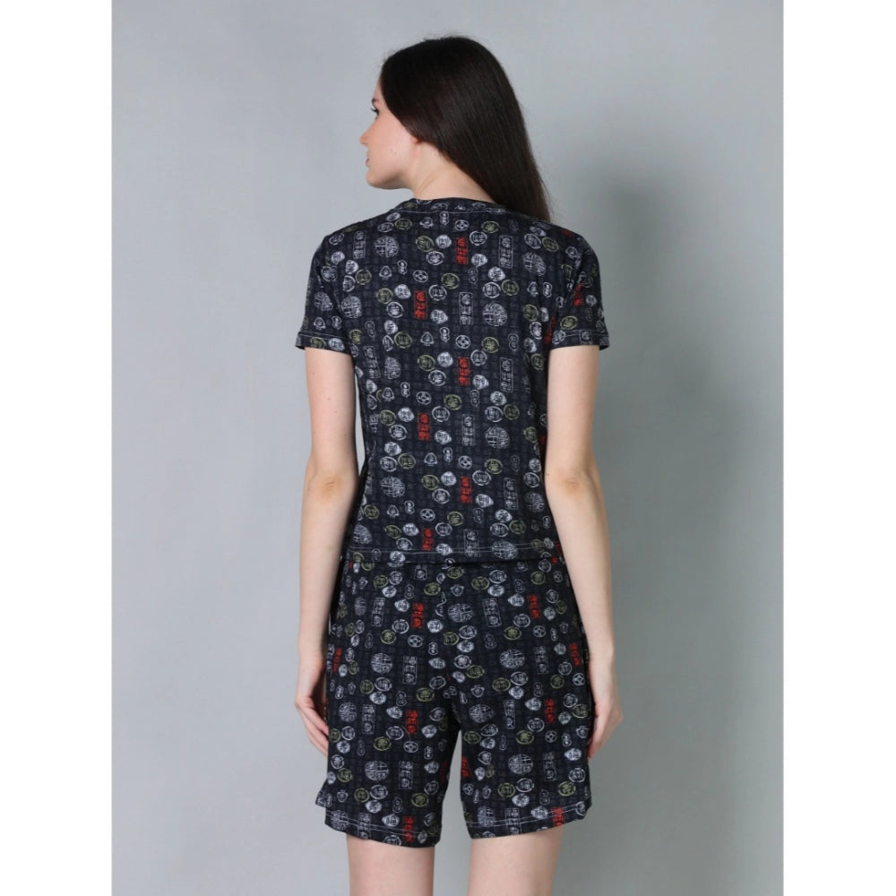 HD Women's Cotton Blended Printed Round Neck Half Sleeve Top - Shorts Set (Black)