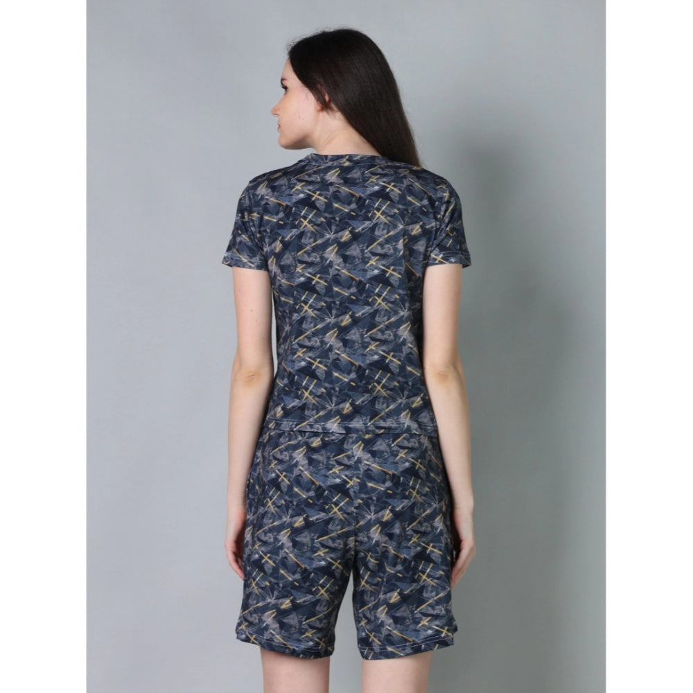 HD Women's Cotton Blended Printed Round Neck Half Sleeve Top - Shorts Set (Navy)