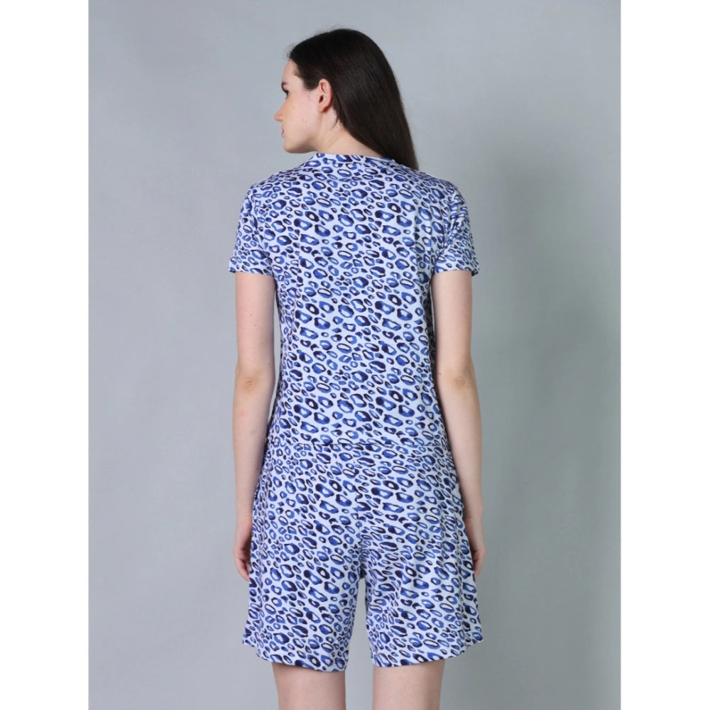 HD Women's Cotton Blended Printed Round Neck Half Sleeve Top - Shorts Set (Blue)